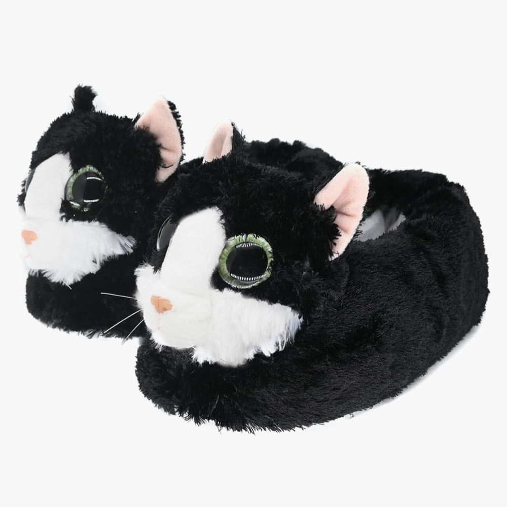 Black and White Plush Cat Slippers